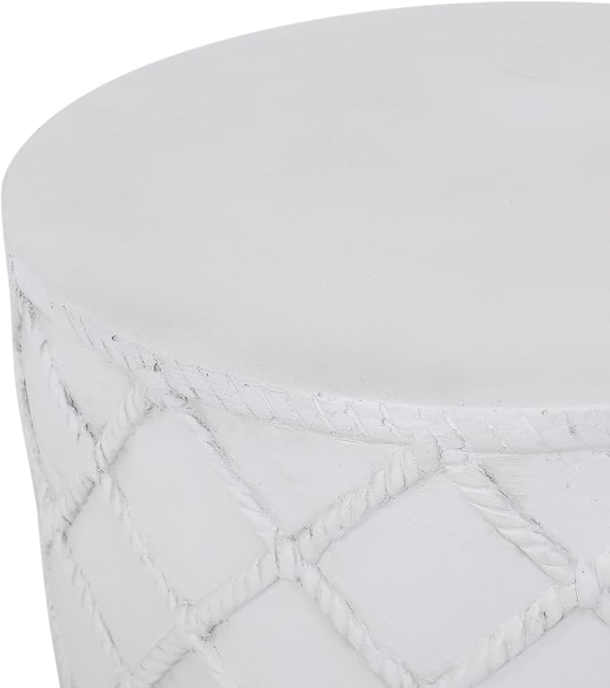 Outdoor Side Table 15.25" Cylindrical Shape Lightweight Concrete-Look Outdoor Indoor Accent Table Decorative Garden Stools, for Patio Porch Living Room, White