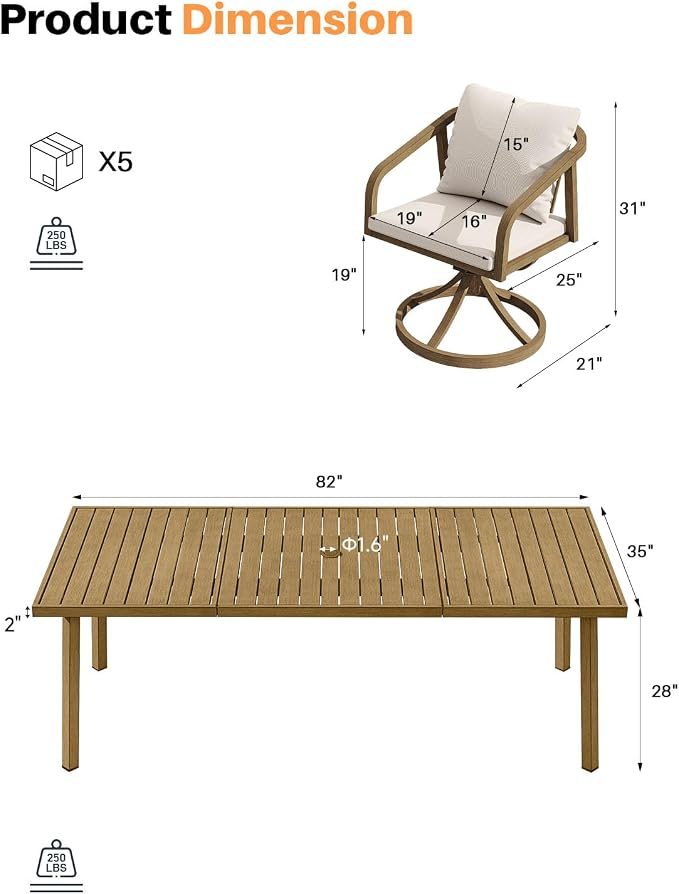 9-Piece Patio Dining Set with 8 Swivel Chairs, Never-Rust Aluminum Outdoor Dining Set, Patio Swivel Dining Set with Wraparound Seating, Outdoor Table and Chairs for Garden, Lawn, Deck, Teak