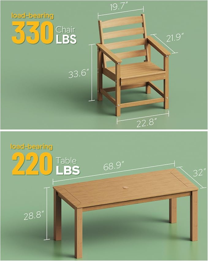 Outdoor HDPE Dining Table Set 7-Piece, All-Weather Outdoor Table and Chairs with Umbrella Hole Cut-Out, Patio Furniture for Garden, Backyard, Deck (Teak)
