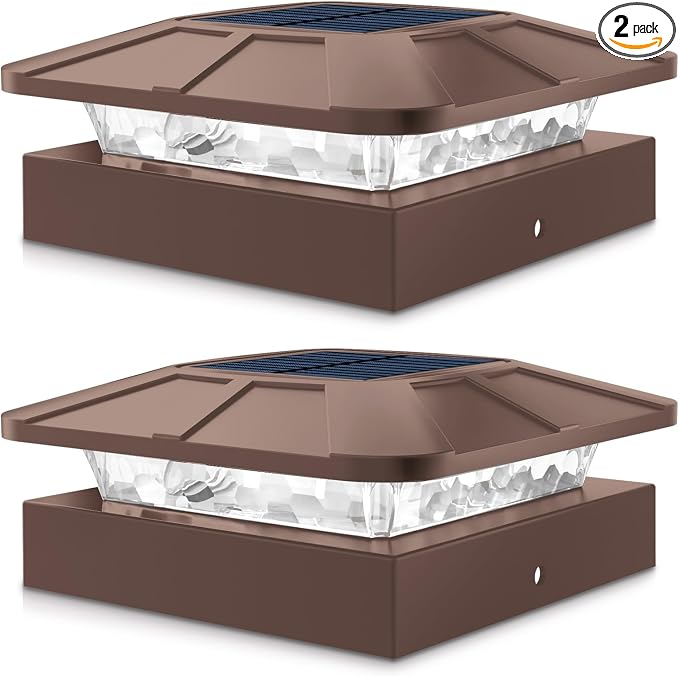 4x4 Solar Post Cap Lights Outdoor with 3 Modes, 2 Packs Brown Fence Light Solar Powered Waterproof for 4x4 3.5x3.5 Wood/Vinyl Posts for Deck Yard Garden Patio Outside
