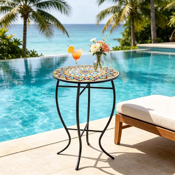 Mosaic Outdoor Side Table Small Round Patio Table Plant Stand | 21" Accent End Table with 14" Ceramic Tile Top for Small Spaces Porch Pool Garden Decor Indoor Living Room Bedroom Balcony