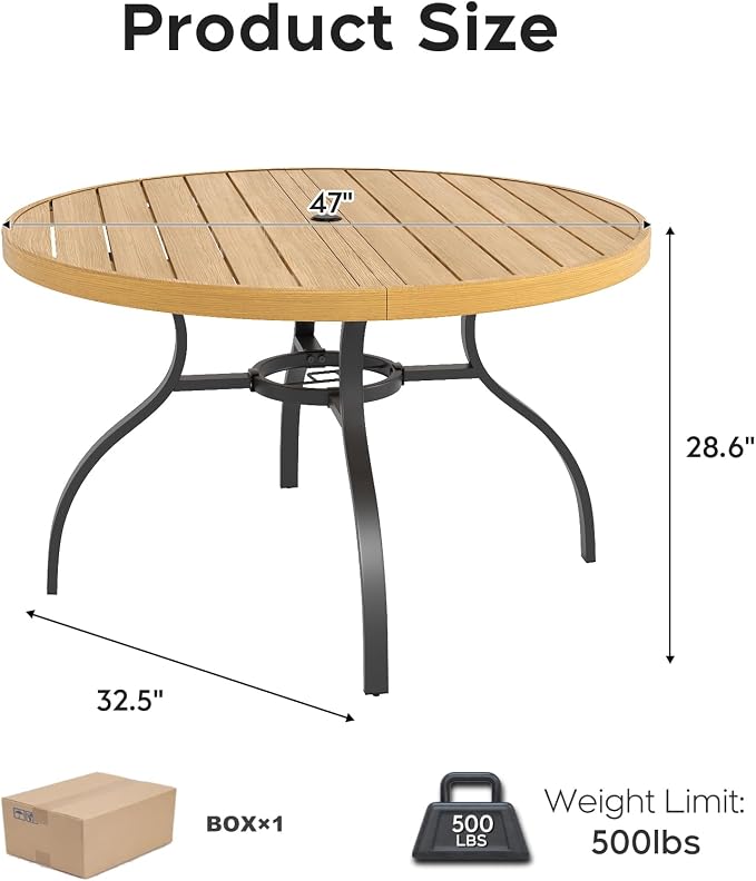 47" Round Wood Patio Table with Umbrella Hole,Outdoor Dining Table with Steel Frame for Patio Garden Deck Dining Room Office
