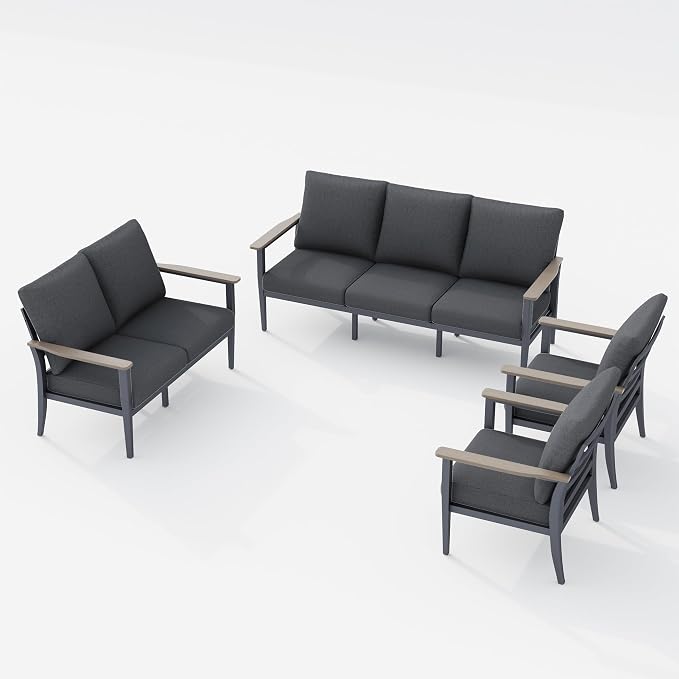 Aluminum Outdoor Patio Furniture Set 7-Seat, Patio Conversation Set Sectional Furniture Set with High Backrest & Thickened Cushions for Garden, Backyard, Poolside, Dark Grey