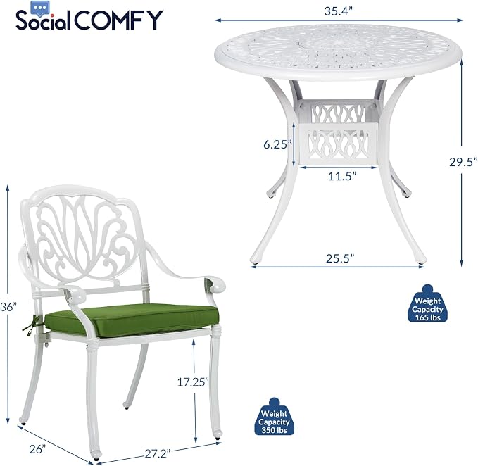 5-Piece Outdoor Patio Dining Set, All-Weather Cast Aluminum Patio Table Set, Include 4 Cushioned Chairs and a 35.4 inch Round Table w/Umbrella Hole for Balcony Garden Backyard, Green
