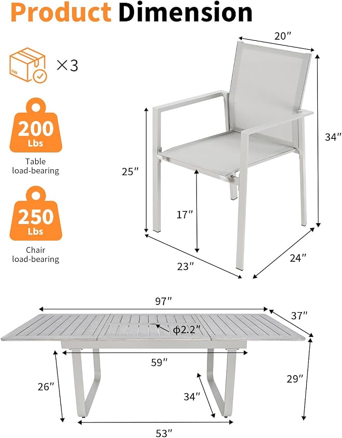 9-Piece Expandable Patio Dining Set for 8, Never-Rust Aluminum Patio Table and Chairs Set, Outdoor Dining Set Outdoor Furniture Set with Stackable Dining Chairs for Deck, Lawn, Poolside