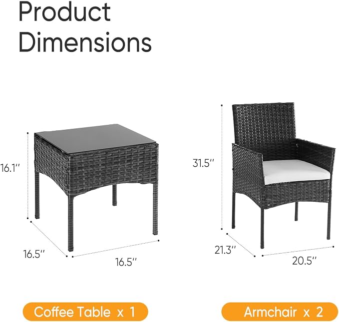 NEWBULIG 3-Piece Patio Furniture Set, Weather-Resistant Outdoor Wicker Furniture with Washable Cushion & Tempered Glass Tabletop, Durable Outdoor Seating for Balcony, Porch, Deck Black