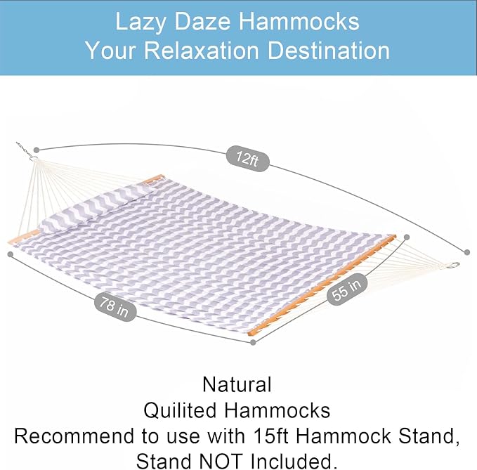 Lazy Daze 12 FT Quilted Hammock with Spreader Bar, 2-Person Double Hammock for Outside Patio Poolside Backyard Beach, 450 lbs Capacity, Gray Wave