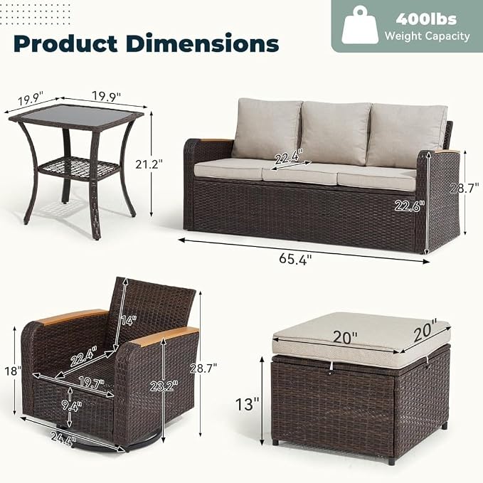 6 Piece Wicker Patio Furniture Set Outdoor Conversation Set with PE Rattan Sectional Sofa and Swivel Chairs for Indoor and Outdoor Spaces