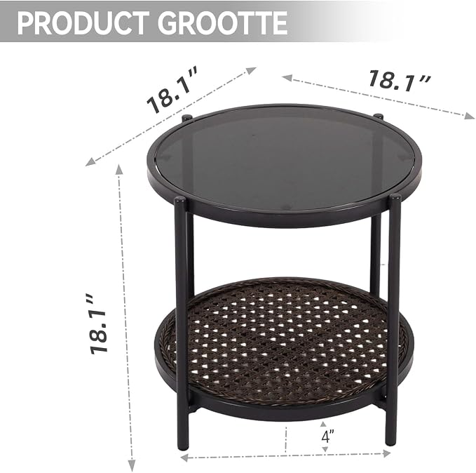 Outdoor Rattan Coffee Table - Patio Wicker End Table with Extra Storage Shelf, Rattan Outdoor Side Table with Round Glass Tabletop for Garden, Backyard, Porch, Black Gold