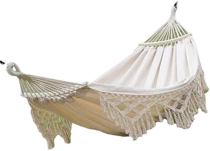 Single Double Hammock with Tassels, 500lb Load Capacity Canvas for Outdoor Garden Patio Camping (White)