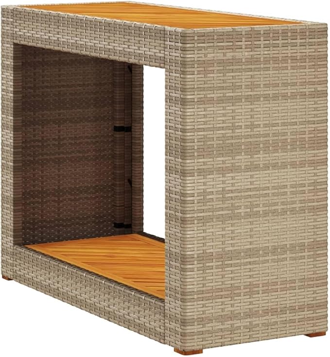 Outdoor Garden Side Table, Rectangular PE Rattan Patio Console Table with Oiled Wooden Top, Durable Beige and Brown Accent Table for Balcony, Porch, or Indoor Use, 39.4 x 15.7 x 29.5 Inches