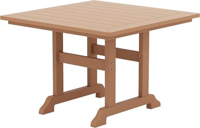 WestinTrends Malibu Outdoor Dining Table, All Weather Poly Lumber Adirondack 43" Trestle Square Patio Table with Umbrella Hole, Teak