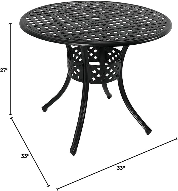 Sunnydaze Decorative Lattice Cast Aluminum Patio Dining Table with Umbrella Hole - 33-Inch Diameter - Black