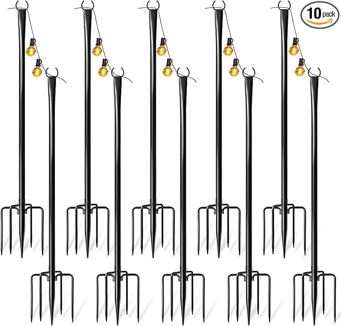 10 Pack String Light Poles for Outside with Ground Stakes and Fence Clips | Adjustable 7-section metal patio light poles for string lights and lanterns; for garden, patio, backyard and outdoor decor.