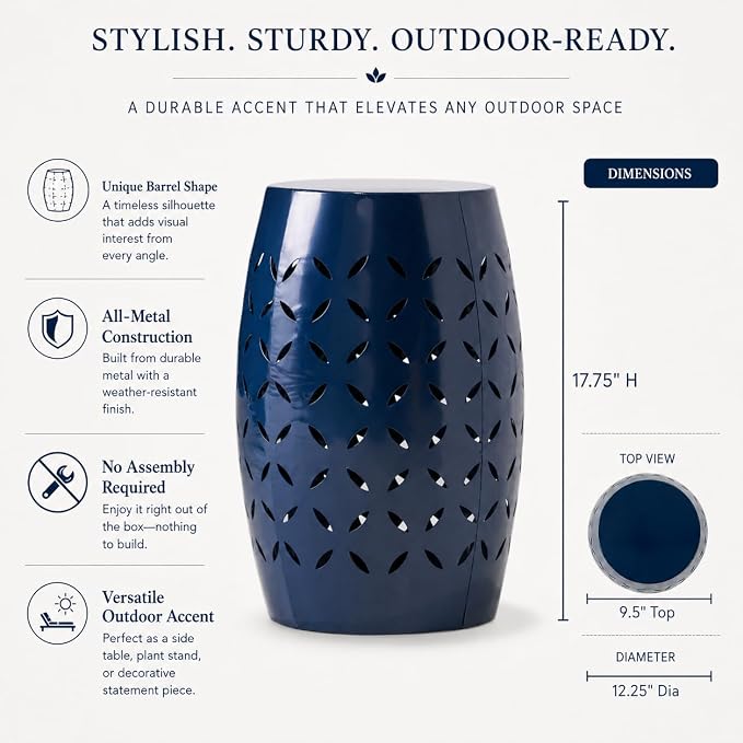 12" Outdoor Side Table, Metal Round Side Table, Multi Functional Decorative Cutout, Coffee Table, Night Stand, Plant Stand for Patio, Garden, Backyard, Gazebo Indoor (Dark Blue)