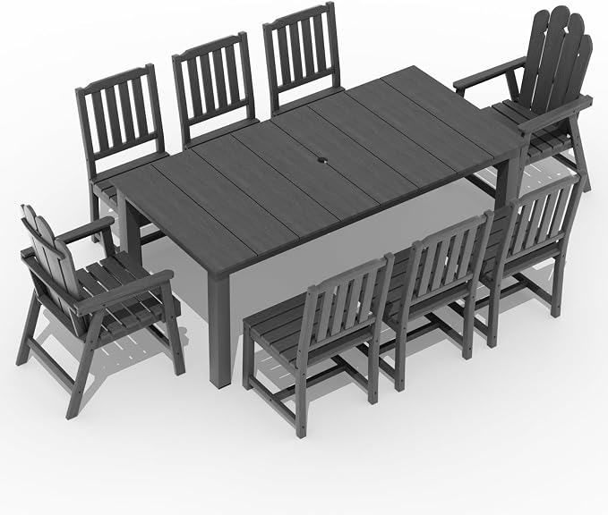 9 Piece Outdoor Dining Table Set for 8, Patio Chairs, Gray | 75.2” table,8 seat patio dining set, durable HDPE wood-look, table hole stable and spacious design for family gatherings
