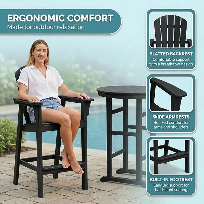 3-Piece HDPE Bar Height Table and Chairs Set, 31.1" Square High Top Pub Table with Umbrella Hole, 2 Adirondack Charis with Cup Holders, Outdoor Patio Dining Set for Bistro Backyard Deck Black