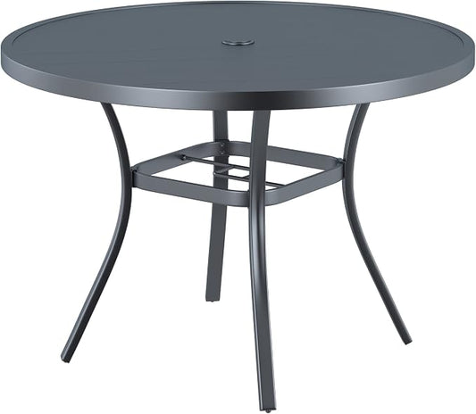 VICLLAX Round Patio Dining Table, 41 inch Metal Outdoor Dining Table with Umbrella Hole for Garden Lawn Balcony Deck, Dark Grey