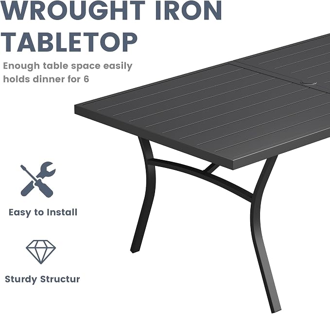 VICLLAX 9 Pieces Patio Outdoor Dining Set, 70" Outdoor Rectangular Metal Dining Table with Umbrella Hole and 8 Stackable Textilene Chairs for Lawn, Garden, Porch, Black/Brown