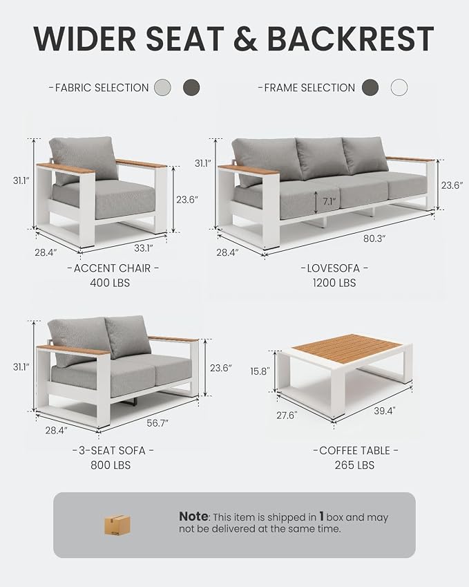 Oversized Aluminum Patio Furniture, 1 Piece Luxury Outdoor Furniture with 7.1" Extra Thick Cushion, Modern Outdoor Sectional Loveseat for Porch, Garden and Deck, Gray