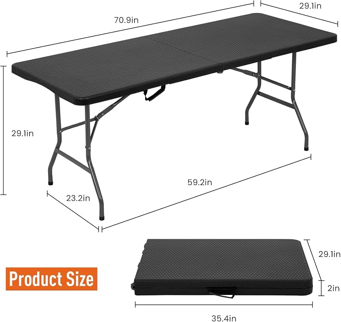 Dkeli Folding Table | 6 ft Folding Picnic Table Portable | Heavy Duty Dining Table | Fold in Half with Handle and Sturdy Steel Frame for Outdoor Indoor Camping, Picnic and Party,Black