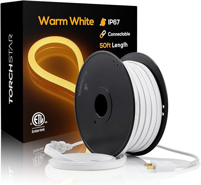 TORCHSTAR 50ft LED Neon Rope Light, Warm White LED Strip Lights | Outdoor IP67 Waterproof, 120V UL Plug, ETL Connectable, Neon Light Strip for Shop Sign, Patio Decor, Max 2 Sets (100FT)