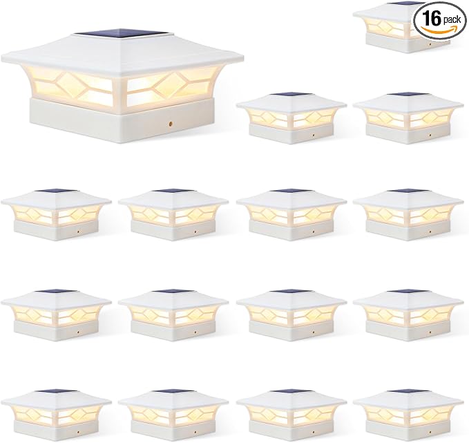 JOFIOS Solar Fence Post Lights, Cap Lights for 4x4/5x5 Vinyl Fence and 4x4/6x6 Wooden Post, Warm White/Cool White Lighting, White Solar Cap Outdoor Waterproof Decorate Garden Pathway Deck Patio