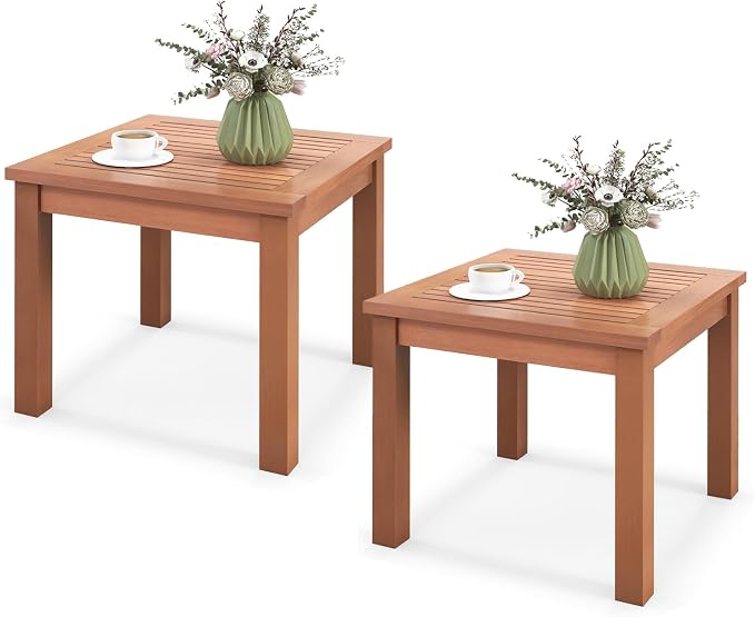 HAPPYGRILL Outdoor Side Table Set, Eucalyptus Wood Square End Table, Wood Patio Table with Slatted Tabletop for Backyard Poolside Porch