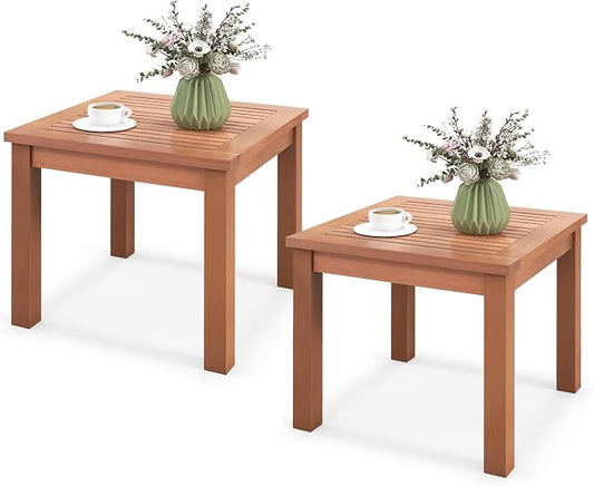 HAPPYGRILL Outdoor Side Table Set, Eucalyptus Wood Square End Table, Wood Patio Table with Slatted Tabletop for Backyard Poolside Porch