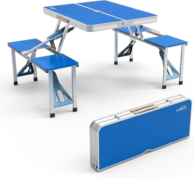 VINGLI 4Ft Portable Folding Picnic Table Camping Table Foldable Set with 4 Seats with Umbrella Hole Suitcase Card Table-220 Lbs Support Aluminum Frame, Plastic RV Tabletop for Yard, Travel-Green