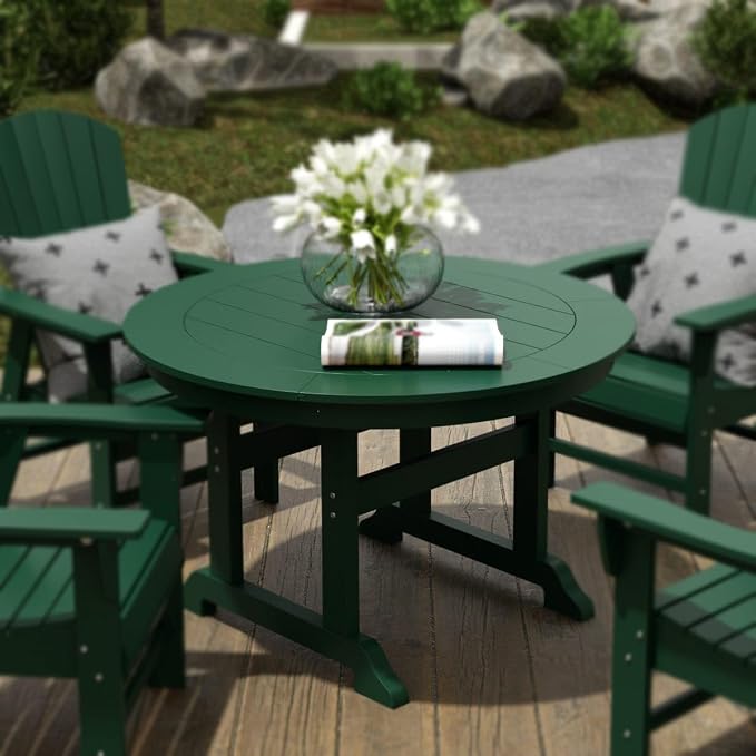 WestinTrends Malibu Patio Dining Table, All Weather Poly Lumber Adirondack 47" Trestle Round Outdoor Table with Umbrella Hole, Dark Green