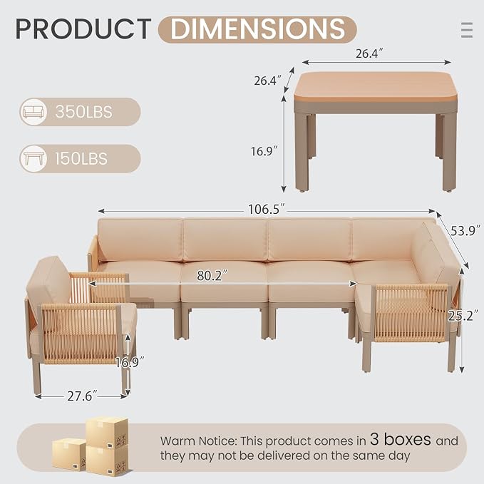 EROMMY 7 Pieces Patio Sectional Furniture Set, Metal Frame Outdoor Conversation Set with Single Seat, 6" Thick Cushions & Coffee Table, All-Weather Sofa for Poolside, Deck & Backyard, Beige