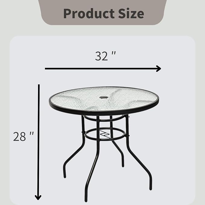 32 Inch Round Outdoor Coffee Table, All-Weather Bistro Table with Steel Frame & Tempered Glass, Dining Table for Backyard, Sunroom, Balcony, Lawn, Pool