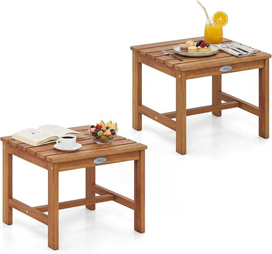 Tangkula Patio Acacia Wood Side Table, 17" Square End Table with Slatted Tabletop, Outdoor Wooden Accent Bistro Table for Backyard, Poolside, Garden, Porch, Indoor (Natural,2)