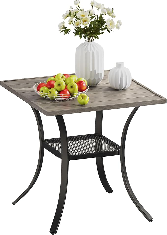 VICLLAX Small Patio Dining Table, 28"x 28" Metal Slatted Tabletop with Storage Shelf for Deck Lawn Garden Backyard, No Umbrella Hole, Antique Grey Tabletop