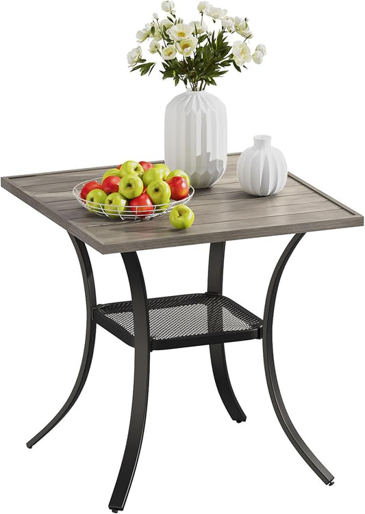 VICLLAX Small Patio Dining Table, 28"x 28" Metal Slatted Tabletop with Storage Shelf for Deck Lawn Garden Backyard, No Umbrella Hole, Antique Grey Tabletop