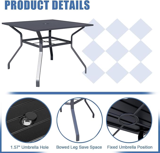 37" x 37" Patio Dining Table, Outdoor Square Bistro Metal Table with Steel Slat Table Top for Porch Deck Garden Backyard Poolside, 1.57" Umbrella Hole, Black
