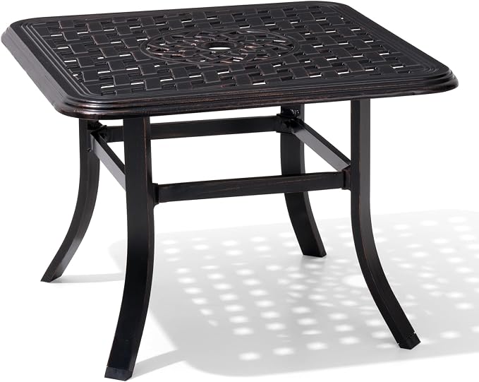 Crestlive Products Cast Aluminum Patio Side Table Outdoor Square Anti-Rust Small Table with Umbrella Hole, Coffee Bistro Table，Market Umbrella Table, 24’’x 24’’, Black with Bronze Spot