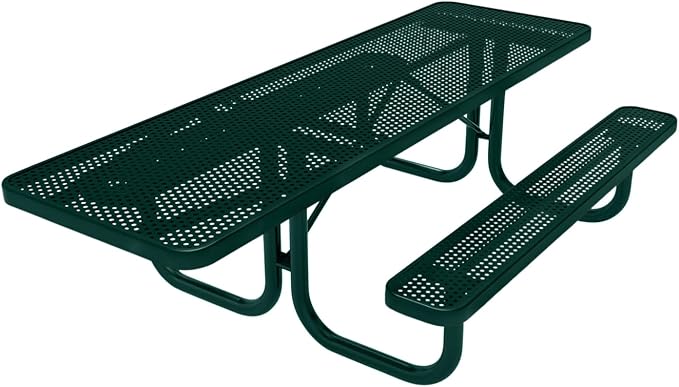 COATEDOUTDOORFURNITURE Heavy-Duty Portable ADA-Compliant Outdoor Picnic Table, Punched Steel Patio Furniture Made in America (8ft Rectangular, One-Side Handicap, Dark Green with Dark Green Frames)