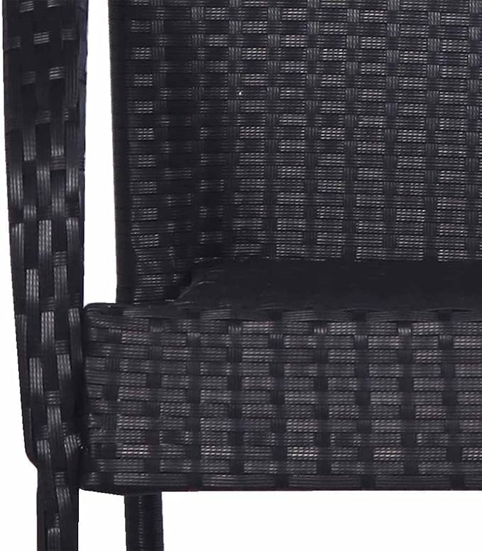 3-Piece Black PE Rattan Outdoor Bistro Set with Glass Top Table | Features space-saving stackable chairs and a weather-resistant steel frame for patio, balcony, or backyard dining.