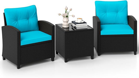 ORALNER 3 Pieces Patio Furniture Set, Wicker Conversation Set Outdoor Chairs with Cushions, Glass Coffee Table, Rattan Bistro Set for Front Porch Balcony Garden Deck Poolside (Turquoise)