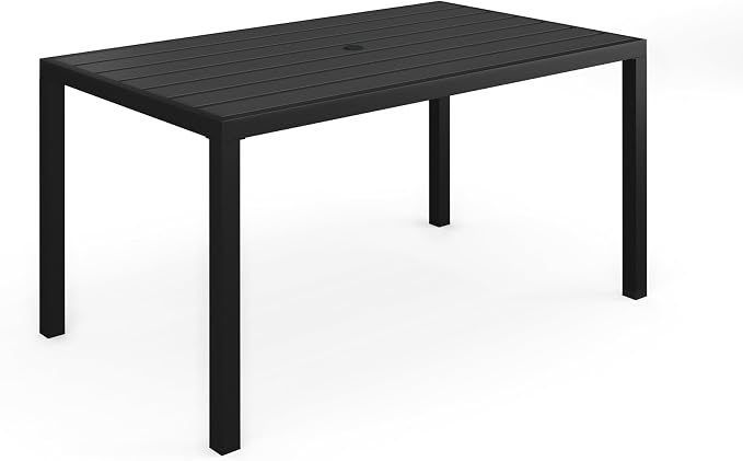 Martha Stewart Lily Pond 60" All-Weather Patio Table with Slatted Tabletop, Umbrella Hole, and Steel Frame in Black