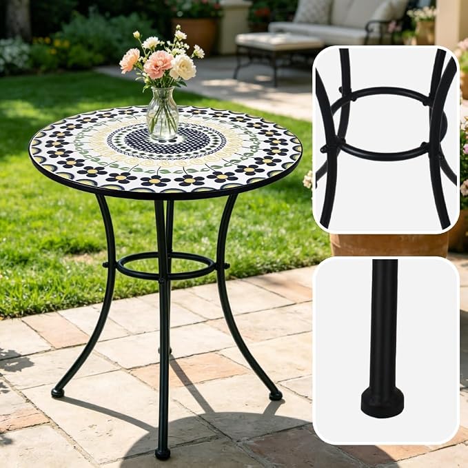 24 Inch Mosaic Patio Round Side Table with Ring Curved Legs Indoor and Outdoor Accent End Table for Yard, Garden, Living Room, Bistro, A - Black Floral