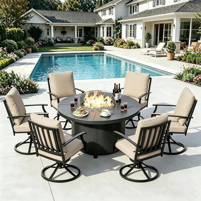ALAULM 7-Piece Outdoor Dining Set for 6 Metal Outdoor Patio Furniture with 6 Swivel Chairs & 40000 BTU Round Fire Pit Table for Patio, Backyard, Garden-Sand