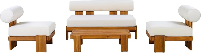 Christopher Knight Home Ahina 4 Pieces Acacia Wood Conversation Set, Loveseat & Accent Chair Chat Set with Cushions, Slat Panel Coffee Table, Patio Furniture Set for Backyard/Balcony, Teak + Beige