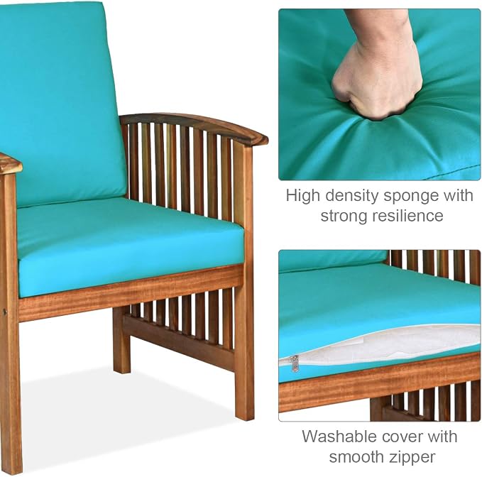 Tangkula Outdoor 4 PCS Acacia Wood Sofa Set w/Water Resistant Cushions, Padded Patio Seating Chat Set w/Coffee Table for Garden, Backyard, Poolside (1, Turquoise)