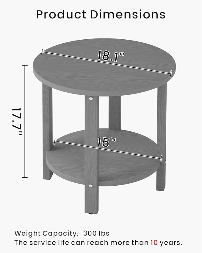 HDPE Round Outdoor Side Table, 18.1-Inch Weatherproof Small Outdoor Table for Adirondack, 2-Tier Patio End Table for Garden Backyard Porch Deck Balcony Poolside (Grey)