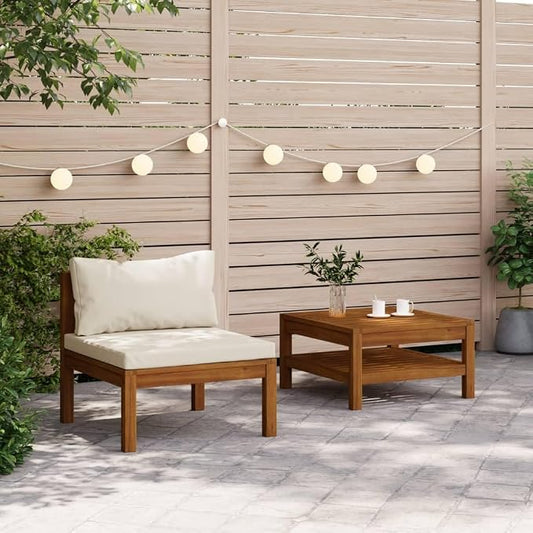 2 Piece Patio Sofa Set with Cream White Cushions, Acacia Wood Outdoor Conversation Set Sectional Sofa with Middle Sofa, Coffee Table for Garden, Patio, Balcony,-424