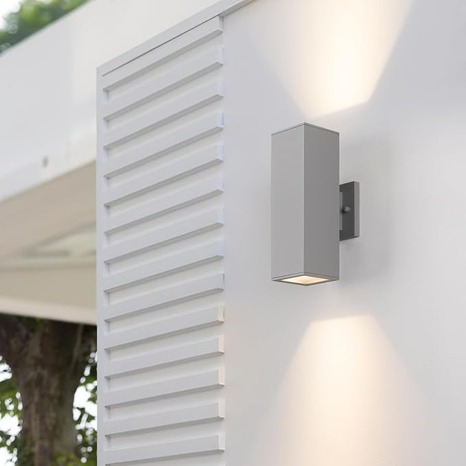 mirrea 12" Modern Outdoor Porch Light in 2 Lights, Matte Gray, 2 Pack | Patio wall sconce, aluminum rectangular tube, tempered glass, waterproof. Up & down lighting for outdoor wall mount fixture.