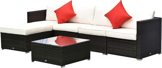 Outsunny 6 Piece Patio Furniture Set Outdoor Wicker Conversation Set All Weather PE Rattan Sectional Sofa Set with Ottoman, Cushions and Tempered Glass Table, Mixed Brown and Cream White